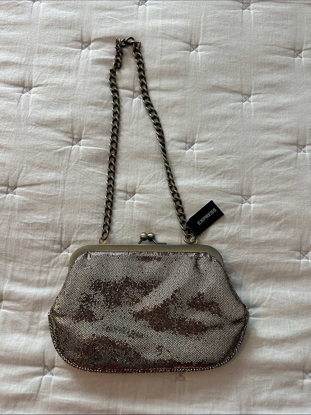 Express Metallic Gold Mesh Clutch with Antique Gold Chain